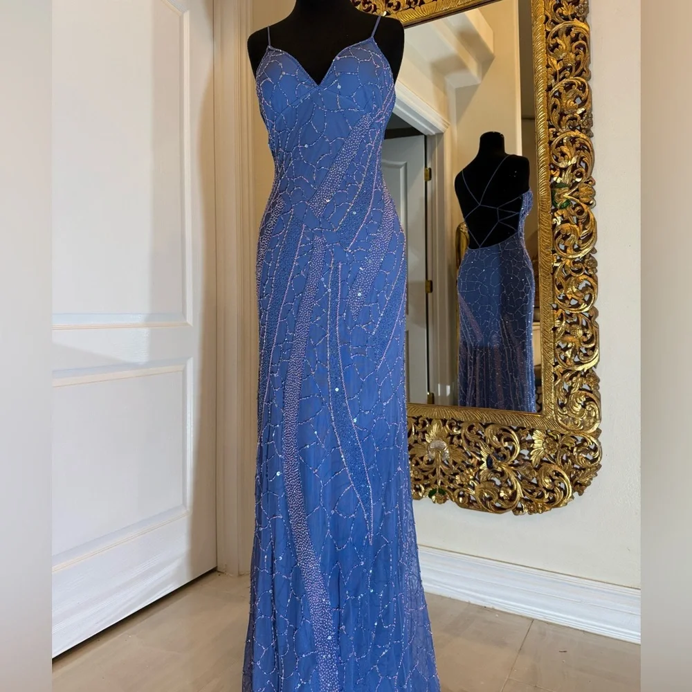 Periwinkle Blue hand Beaded‎ Evening Gown - Women's Formal Dress made on stretch